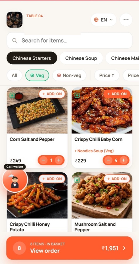 The Servoraa diner web app open on a guest's phone