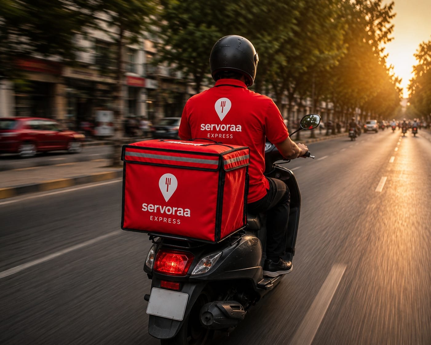 A Servoraa Xpress rider on a delivery run at dusk